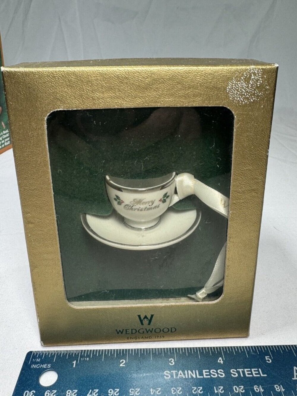 Wedgwood China Mini Tea Cup Christmas Ornament in Box Merry Christmas